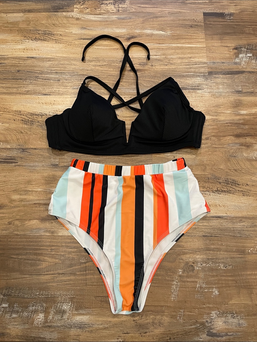 Black Strappy Bikini Top and High-Waist Multi-Stripe Bottoms